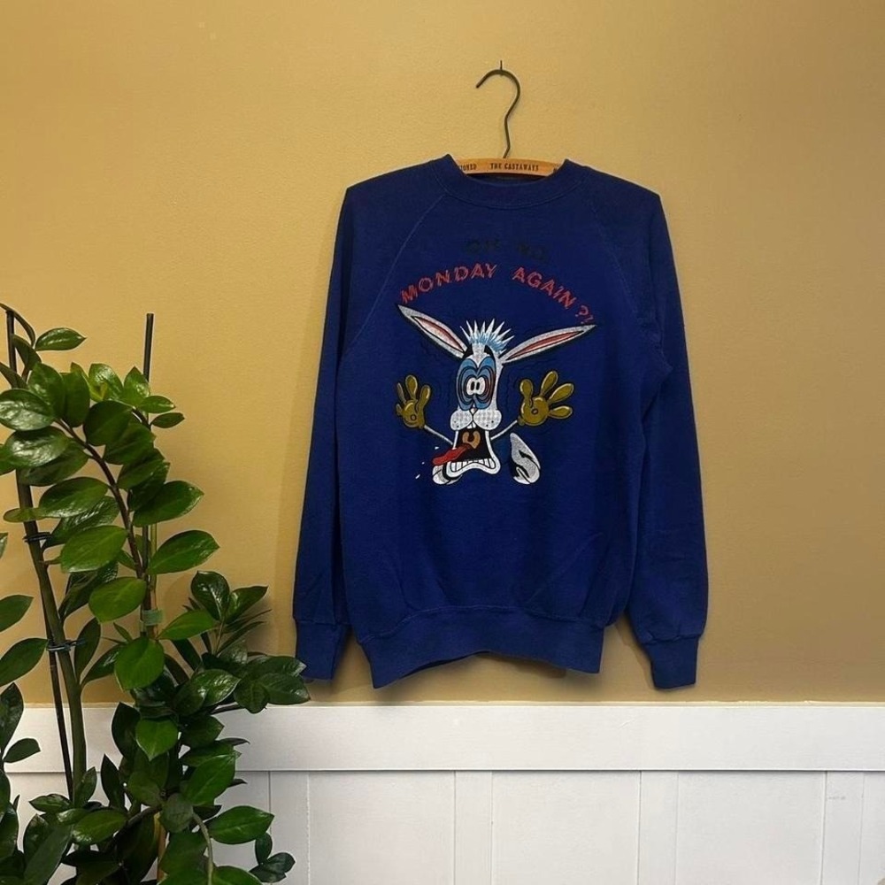 80s true vintage funny blue humour cat Monday Again sweatshirt cartoon Size M